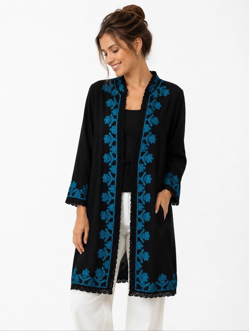 Soft Surroundings Black Jacket with Blue Floral Embroidery